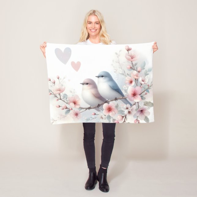 Romantic Love Birds Cherry Blossom Branch Fleece Blanket (In Situ)