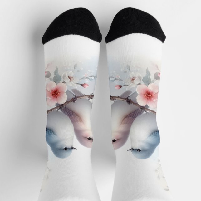 Romantic Love Birds Cherry Blossom Branch Socks (Top)