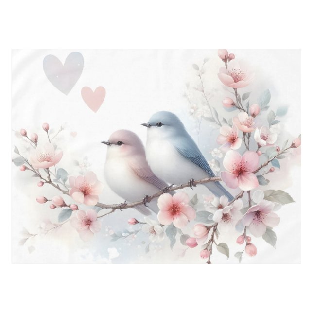 Romantic Love Birds Cherry Blossom Branch Tablecloth (Front (Horizontal))