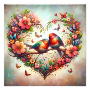 Romantic Love Birds Floral Heart Watercolor Design Photo Print