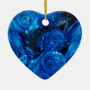 Romantic Love Blue Glitter Glamour Roses Ceramic Tree Decoration
