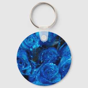 Romantic Love Blue Glitter Glamour Roses Key Ring