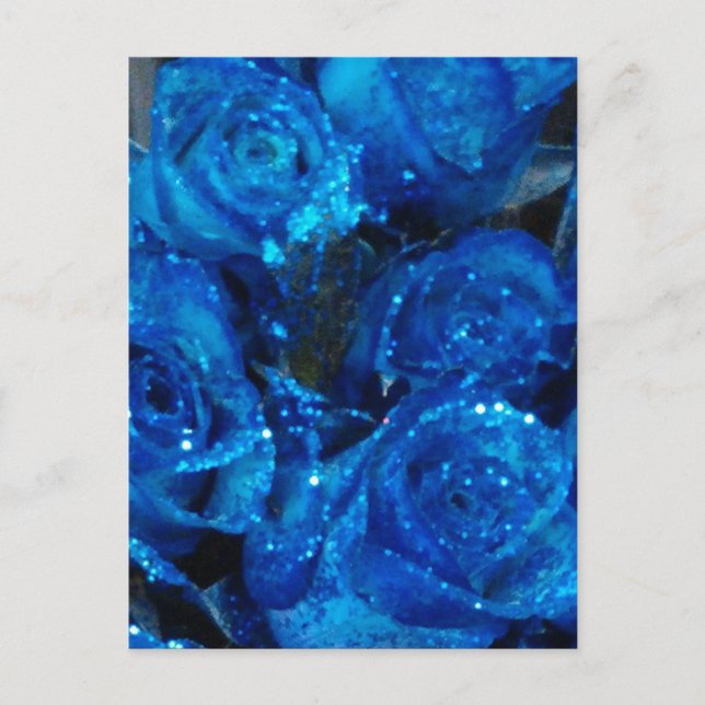 Romantic Love Blue Glitter Glamour Roses Postcard (Front)