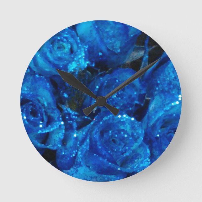 Romantic Love Blue Glitter Glamour Roses Round Clock (Front)
