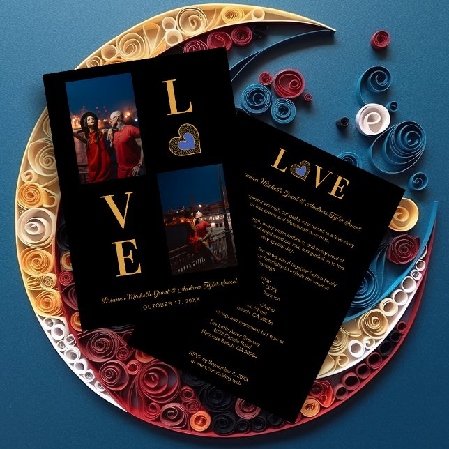 Romantic Love blue Heart Fake Lace 2 Multi PHotos Invitation (Romantic Love blue Heart Fake Lace & Fake Golden Effect Classic 2 Photos Collage Wedding Invitation.)