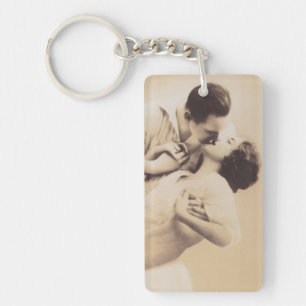 Romantic Love Couple Kissing vintage illustration Key Ring