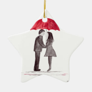 Romantic love couple with red umbrella watercolor ceramic tree decoration