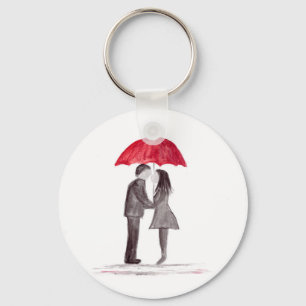 Romantic love couple with red umbrella watercolor key ring