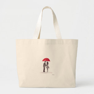 Romantic love couple with red umbrella watercolor large tote bag