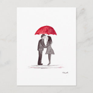 Romantic love couple with red umbrella watercolor postcard
