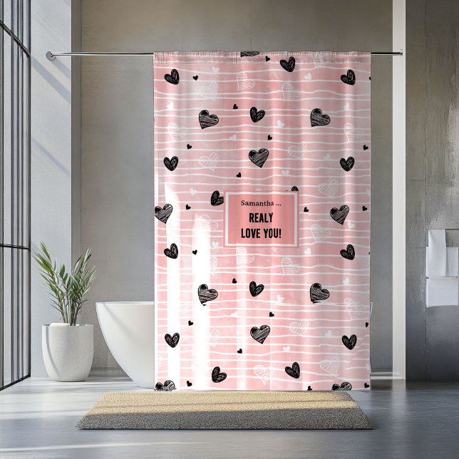 Romantic Love Gift Shower Curtain Pink Black Heart (Romantic Love Gift Shower Curtain Pink Black Hearts)