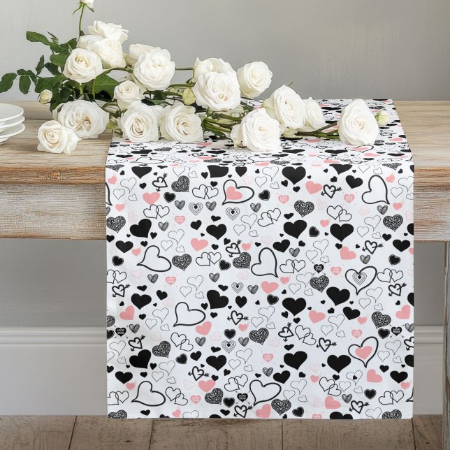 Romantic Love Gift Table Runner Pink Black Hearts (Romantic Love Gift Table Runner Pink Black Hearts)
