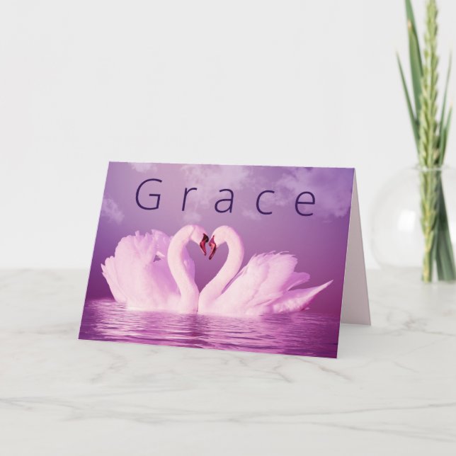 Romantic Love Grace Swans Purple Pink Personalised Holiday Card (Front)