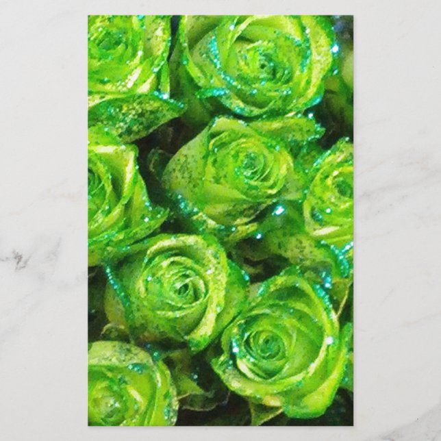 Romantic Love Green Valentine Glitter Roses Stationery (Front)