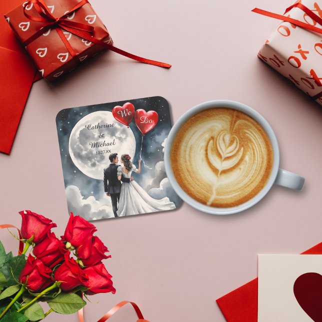 Romantic Love On Cloud Nine Fairytale Wedding Square Paper Coaster (Front view sweethearts under midnight sky moon stars with red hearts On Cloud Nine Wedding Coaster)