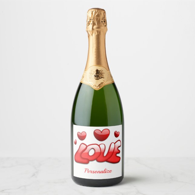 Romantic Love Red Hearts Personalised Sparkling Wine Label (Front)