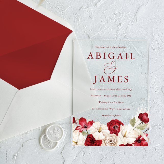 Romantic Love: Ruby Red & White Floral Wedding Acrylic Invitations (Creator Uploaded)