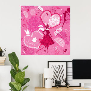 Romantic Love Silhouette Pattern Pink Hearts Poster