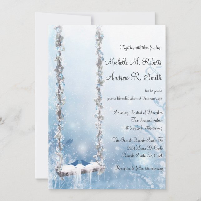 Romantic Love Swing Winter Wonderland Wedding Invitation (Front)