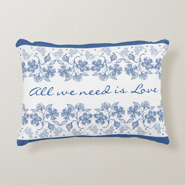Romantic Love Text Indigo Blue Floral Border Decorative Cushion (Front)