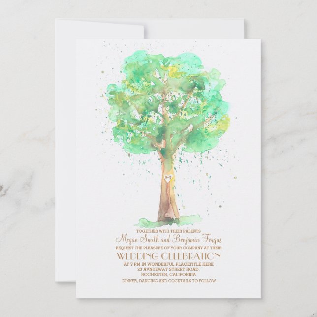 Romantic Love Tree Watercolor Wedding Invites (Front)
