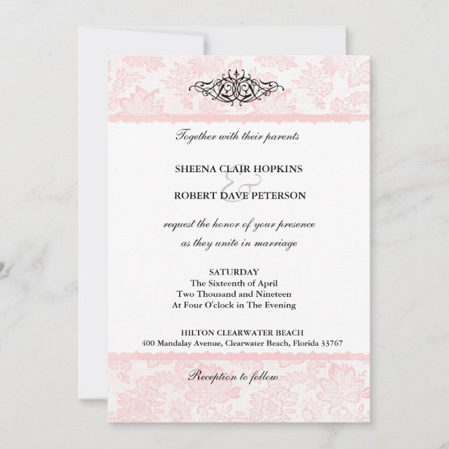 Romantic Lovely Pink Lace Wedding Invitation (Front)
