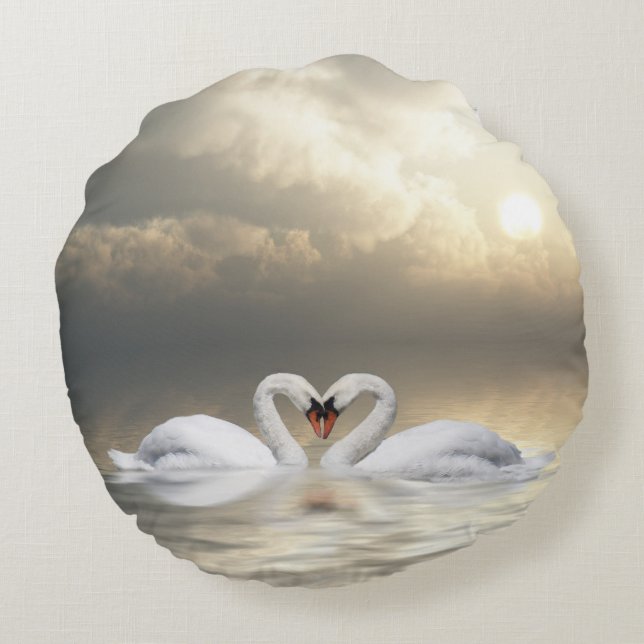 Romantic loving swans round cushion (Back)