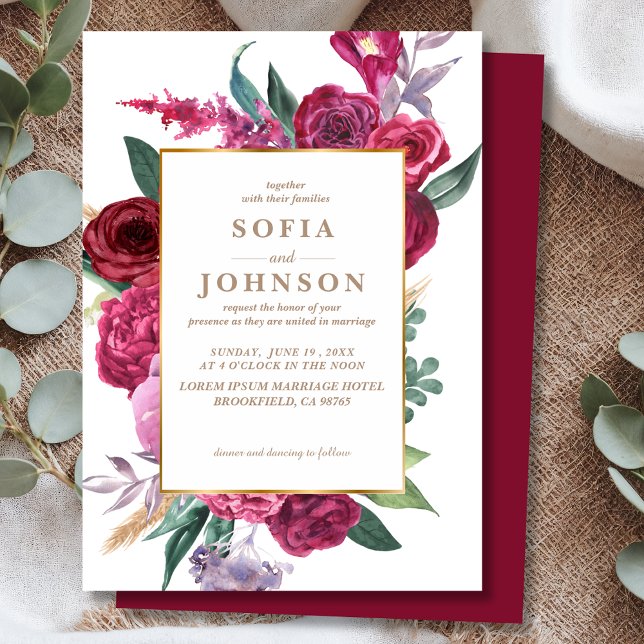 Romantic Luxe Red Maroon Watercolor Floral Wedding Invitation (Creator Uploaded)