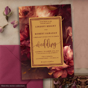 Romantic Luxury Burgundy Gold Roses Wedding Invite