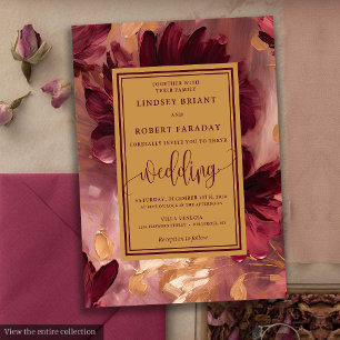 Romantic Luxury Deep Red Gold Flowers Wedding Invitation