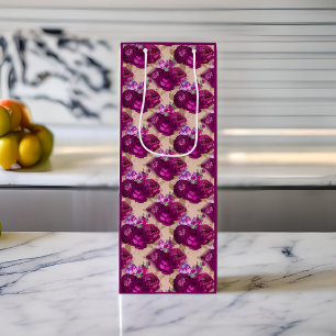 Romantic Magenta Roses and Gold Leaves on Peach Wine Gift Bag