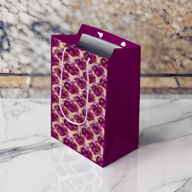 Romantic Magenta Roses with Gold Writing on Peach Medium Gift Bag (Creator Uploaded)
