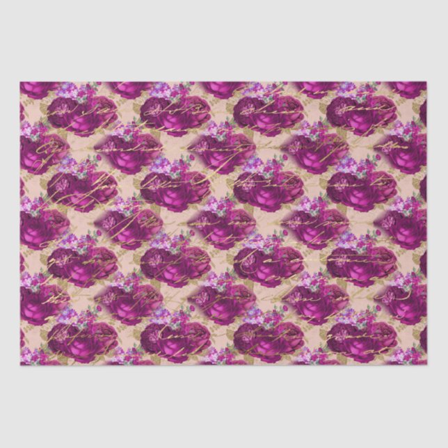 Romantic Magenta Roses with Gold Writing on Peach Tissue Paper (Front)
