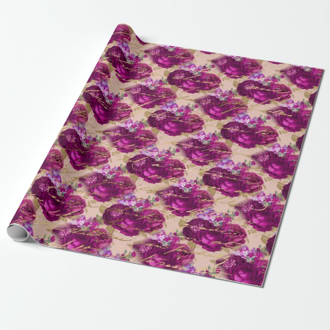 Romantic Magenta Roses with Gold Writing on Peach Wrapping Paper (Unrolled)