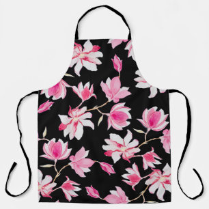 Romantic Magnolia: Black Watercolor Apron