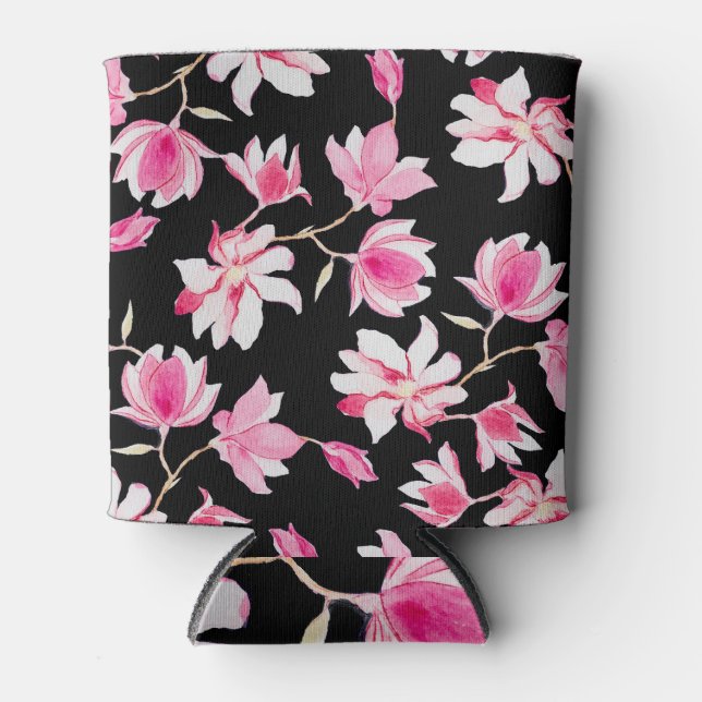 Romantic Magnolia: Black Watercolor Can Cooler (Front)