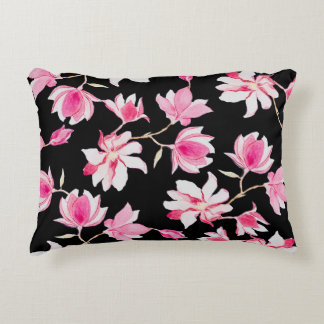 Romantic Magnolia: Black Watercolor Decorative Cushion