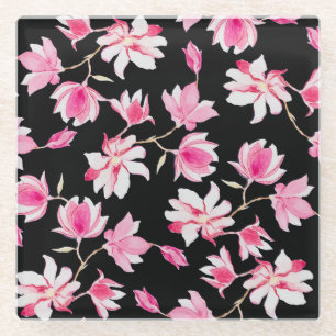 Romantic Magnolia: Black Watercolor Glass Coaster