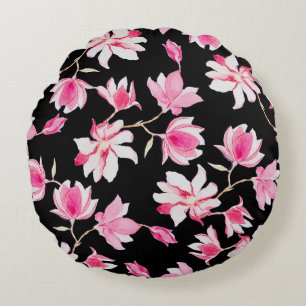 Romantic Magnolia: Black Watercolor Round Cushion