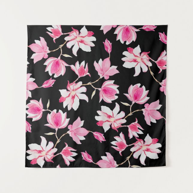 Romantic Magnolia: Black Watercolor Tapestry (Front)