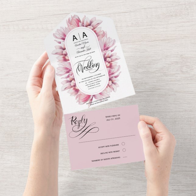 Romantic Magnolia Flowers Watercolor Wedding All In One Invitation (Tearaway)