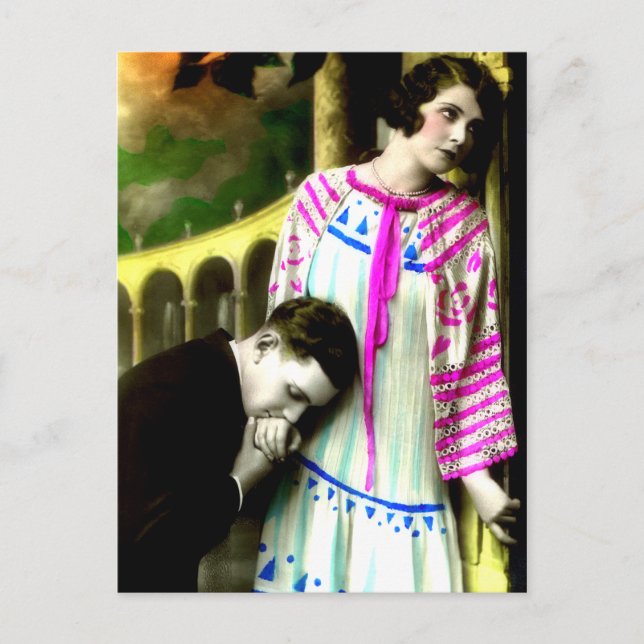 Romantic Man Kissing Woman's Hand Vintage Postcard (Front)