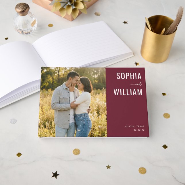Romantic Maroon Elegant Photo Guest Book (Front Open)