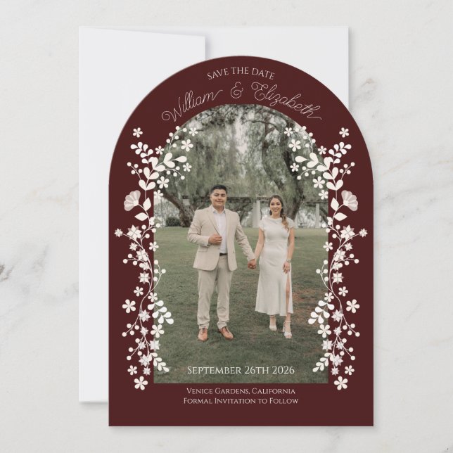 Romantic Maroon Floral Arch Save the Date Invitation (Front)