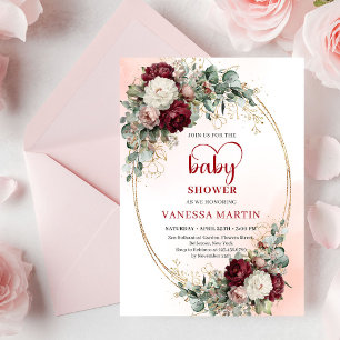 Romantic Maroon Floral Gold Baby Shower Invite