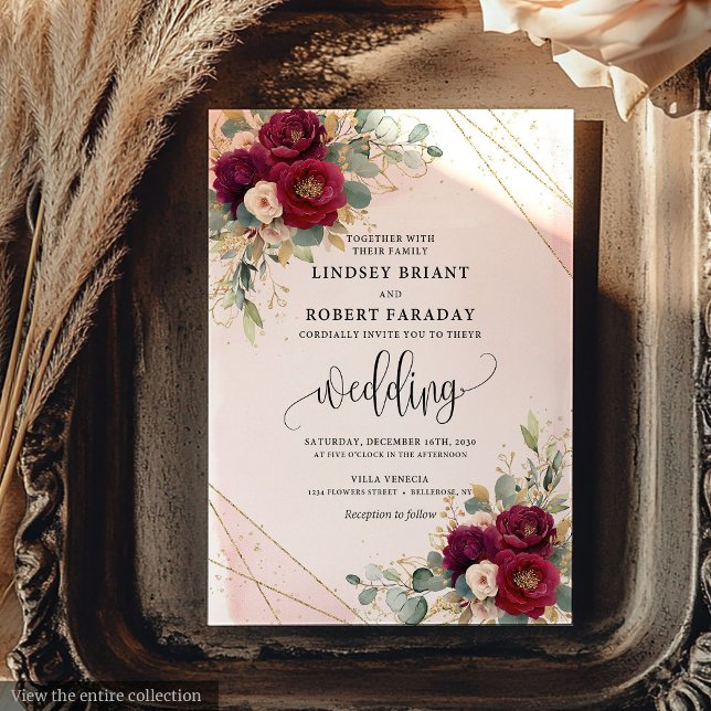Romantic Maroon Gold Blush Flowers Elegant Wedding Invitation (Romantic Maroon Gold Blush Flowers Elegant Wedding Invitation)