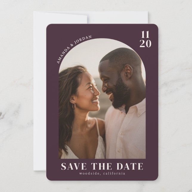 Romantic Maroon Modern Photo Save The Date (Front)