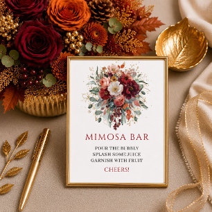 Romantic marsala autumn floral greenery mimosa bar poster