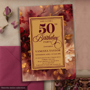 Romantic marsala blush gold floral 50th birthday  invitation