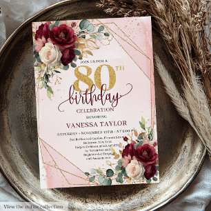 Romantic Marsala Blush Gold Flowers 80th Birthday  Invitation